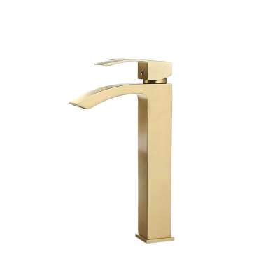 Gold Brushed Waterfall Bathroom Sink Faucet with Single Handle, Single Hole Vessel Lavatory Faucet,Basin Mixer Tap Tall Body